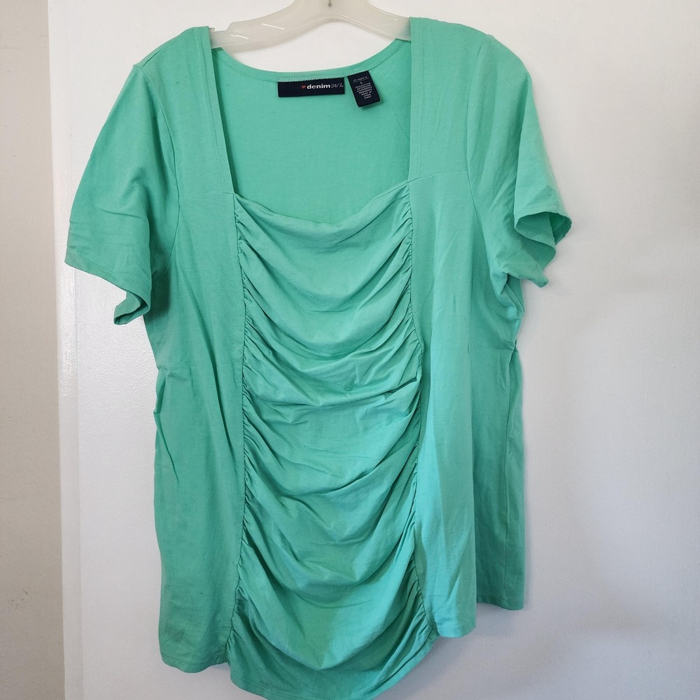 Denim‎ 24/7 Mint Green Square Neck Ruched Short Sleeve Top Y2K XL 37-4044-6